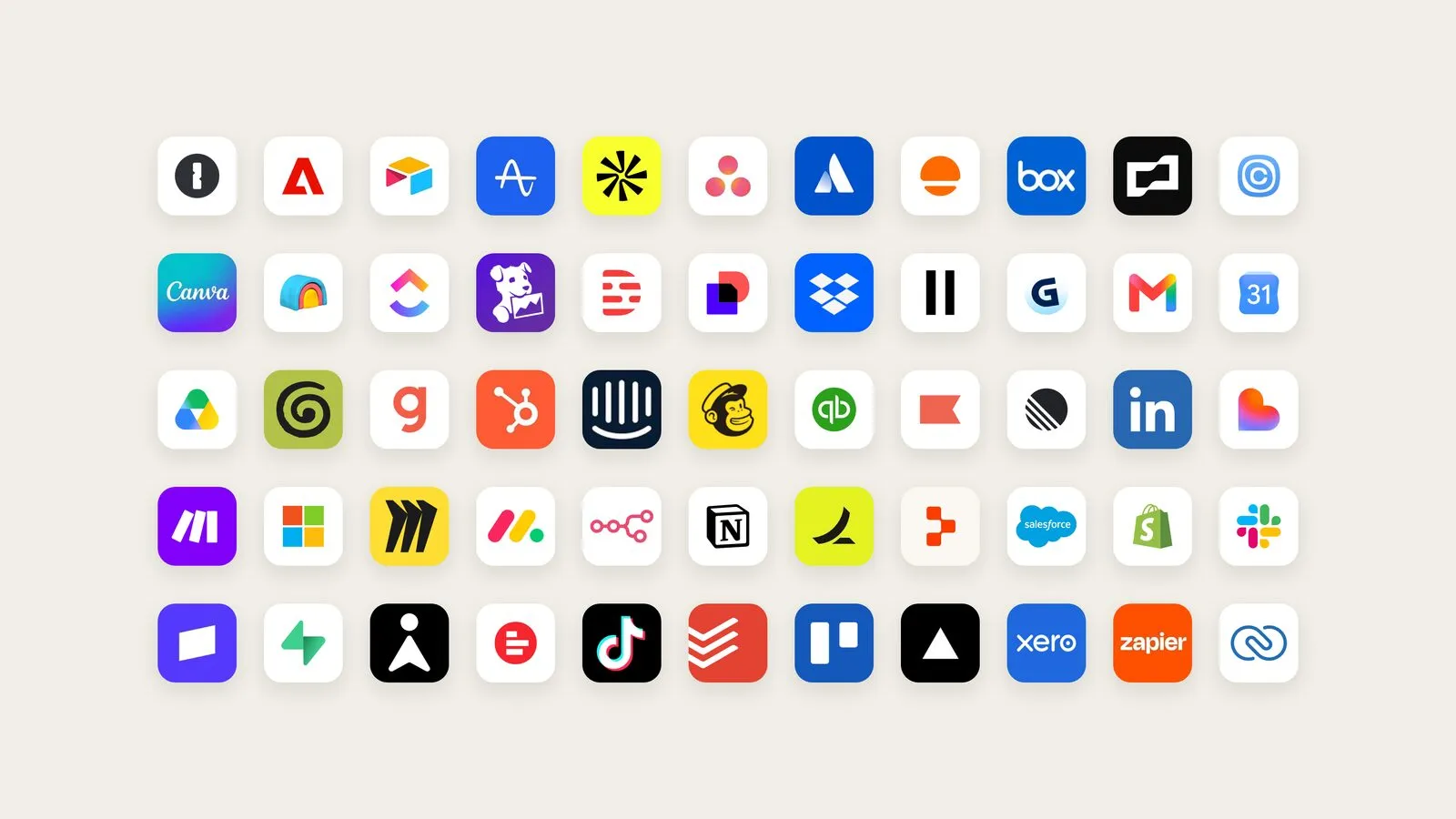 Five rows of app icons, including Gmail, Calendar, Slack, Notion, Shopify, Salesforce and QuickBooks