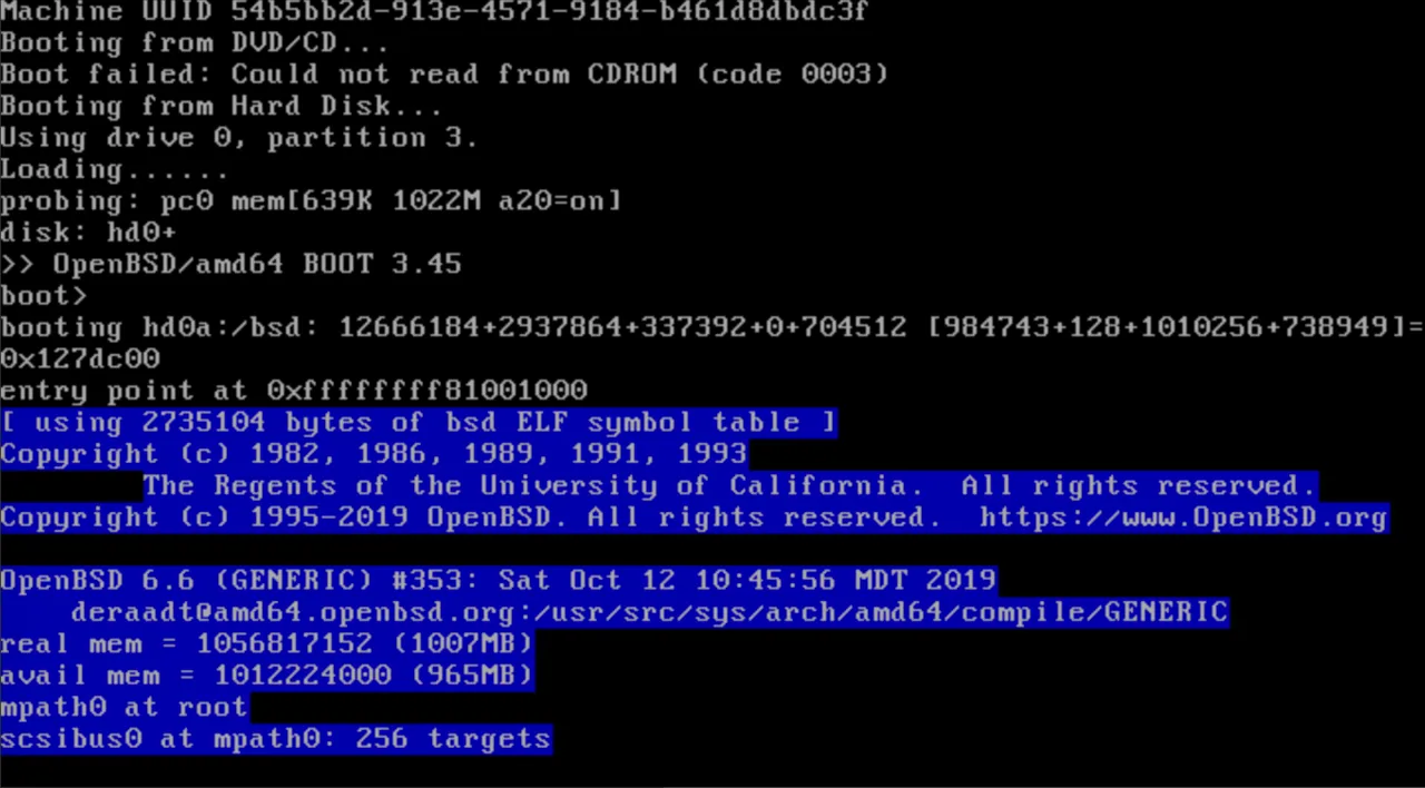 OpenBSD 操作系统启动时的命令行画面